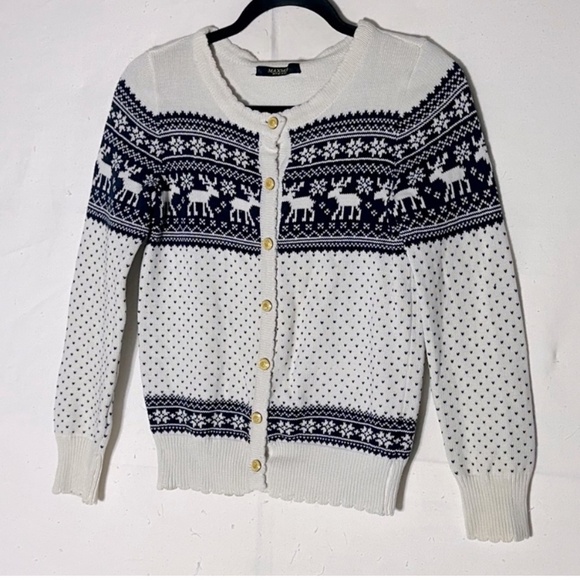 Maxmid Cream Navy Jacquard Moose Print Fair Isle Button Up Knit Cardigan S - Picture 1 of 11